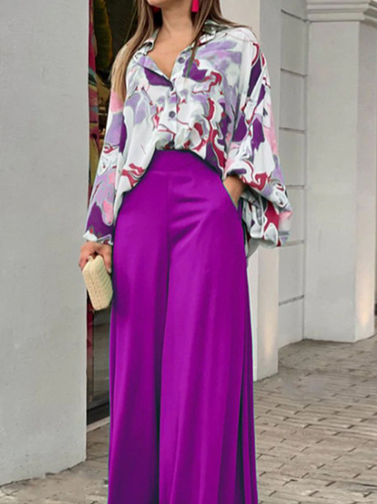 Loose Lantern Sleeve Lapel Shirt Wide Leg Pants Two-Piece Set HFLH4CPN3B