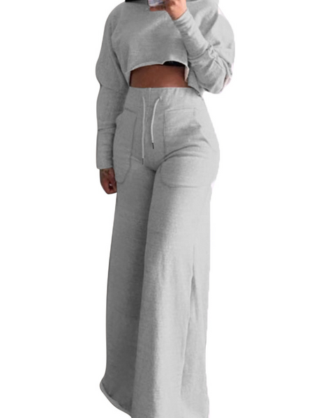 ELSSIME Women's Cropped Long Sleeve Top and Wide Leg Pants 2-Pc Set