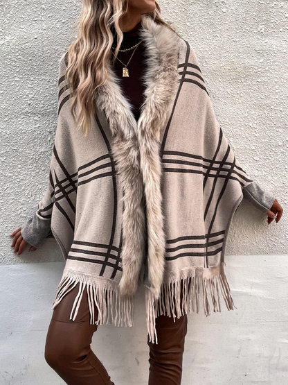 Plaid Faux-Fur and Fringe Trim Shawl H7U9LQ5ESH