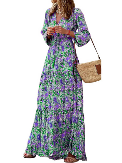 V-Neck Long Sleeve Bohemian Dress HFLBP6KUSW