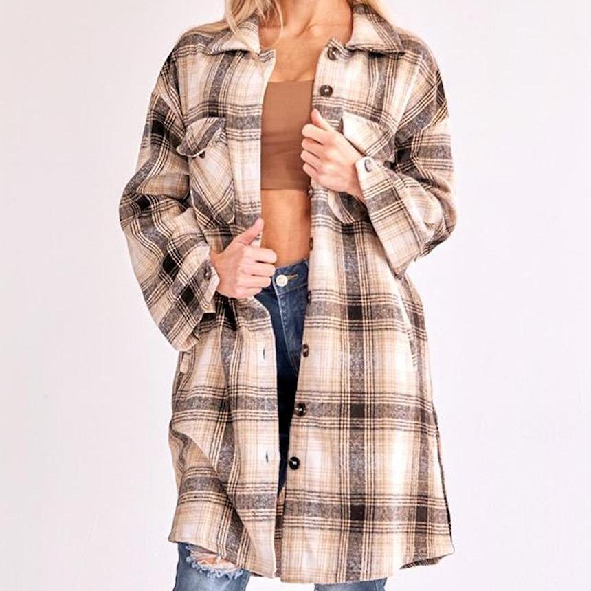 ELSSIME Women's Retro Plaid Long Cardigan Shirt Jacket Coats for Women