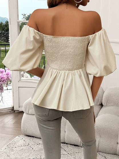 Solid Color Off-Shoulder Ruffle Hem Puff Sleeve Short Top H59TB44TMX