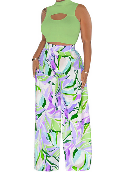 Sleeveless Short Top with Wide Leg Pants Two-piece Set HWF57YRXQY