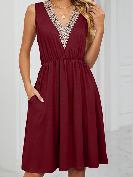 Solid Color V-Neck Lace Stitching Sleeveless Pocket Waist Dress HNMUVZCESH