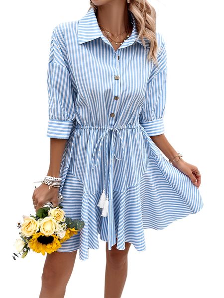Women's Striped Button-Front Dress with Lapel Neck and Drawstring Waist HELXNR8KTN