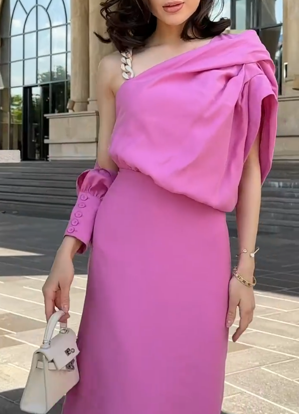 Women's Solid Color Single Shoulder Dress YDR240416001