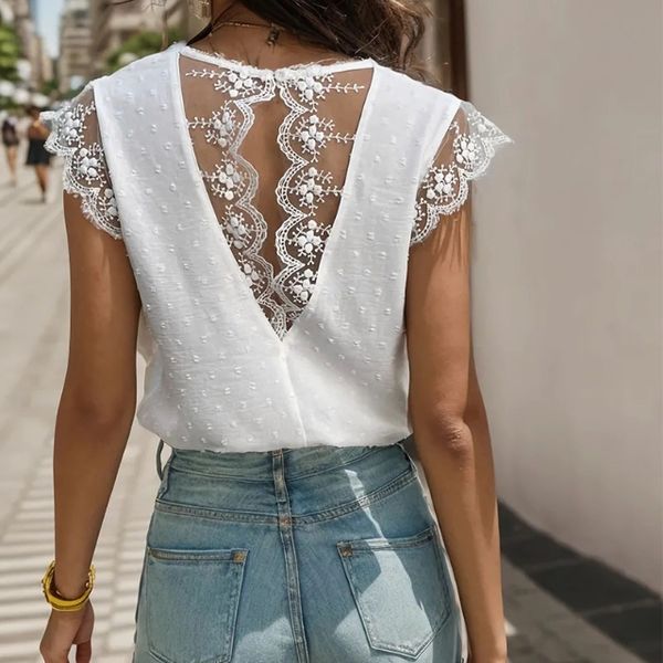 Women's V-neck Lace Backless T-Shirt Eyelet Sleeveless Top HED986WDZZ