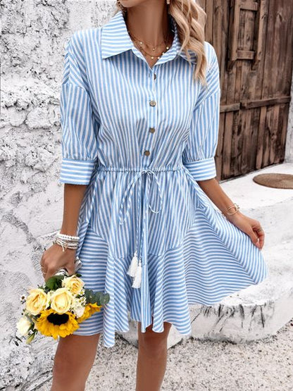Women's Striped Button-Front Dress with Lapel Neck and Drawstring Waist HELXNR8KTN