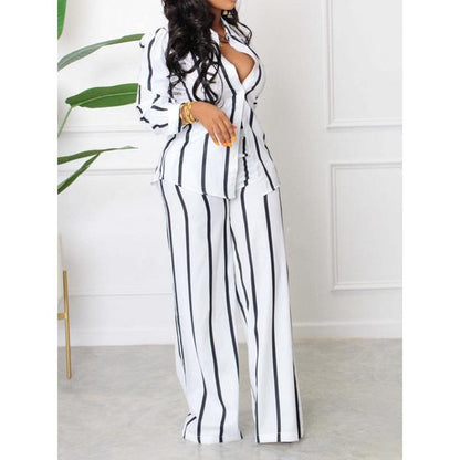 ELSSIME 2024 NEW Striped Printed Long-Sleeved Shirt And Trousers Two-Piece Set