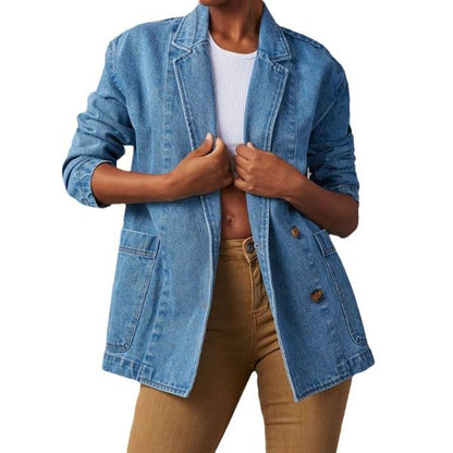 Button Down Denim Jacket Long Sleeve Big Pocket Lapel Jean Blazer HWE4KXFLTM