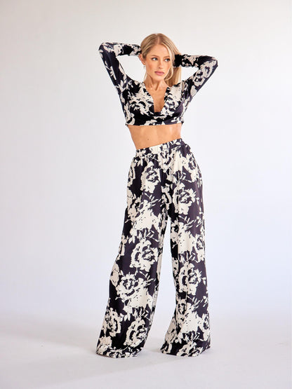 ELSSIME Spring 2024 new Long-Sleeved deep V color Printed two piece set