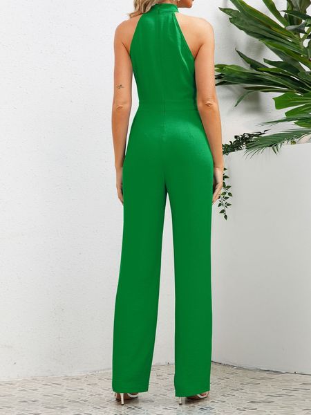 Halter Bowknot Neck Solid Jumpsuit Sleeveless High Waist Long Pants HEQZUDWYLZ