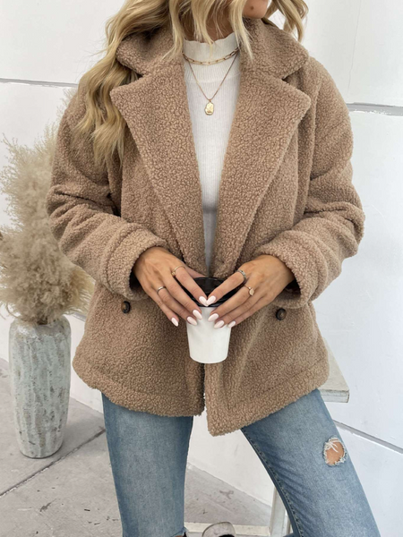 Notch Collar Double-breasted Teddy Coat  HFBNWLS4D3
