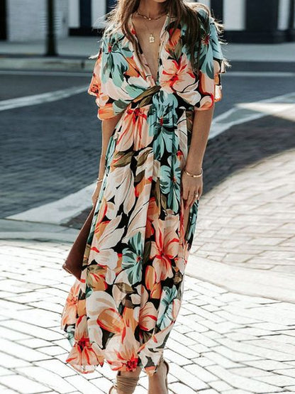 Floral Print V-neck High Slit Half Sleeve Shirred Maxi Dress HEDRPPCRC9