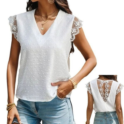 Women's V-neck Lace Backless T-Shirt Eyelet Sleeveless Top HED986WDZZ