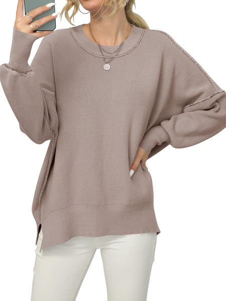 Oversized Side Slit Ribbed Knit Pullover Sweater