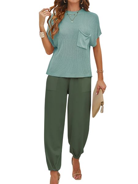 2-PC Set Women's Spring Summer Solid Color Knitted  Short Sleeve Top and Long Pants HELXNR685S