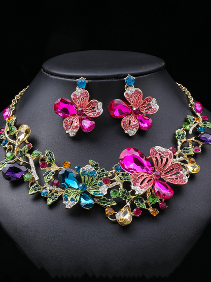 Multicolored Flower Necklace Earrings Set HN7297YUEH