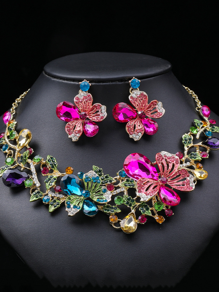 Multicolored Flower Necklace Earrings Set HN7297YUEH