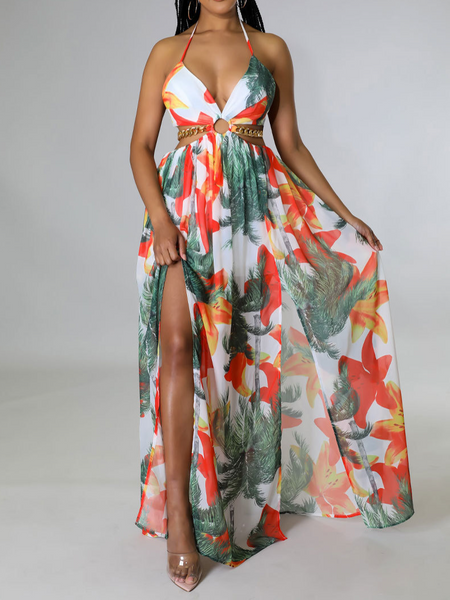 Printed Backless Side Slit Halter Dress H6VE68KF2K