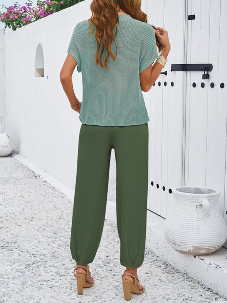 2-PC Set Women's Spring Summer Solid Color Knitted  Short Sleeve Top and Long Pants HELXNR685S