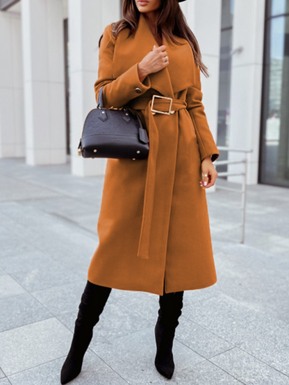 Simple Long Sleeve Buttons V-Neck Belted Coat HFHW958EB3