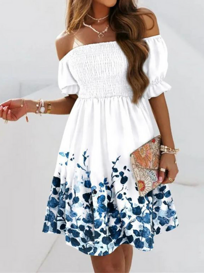 Printed Off the Shoulder Ruffle Pleated Dress HWUDKUPMLN