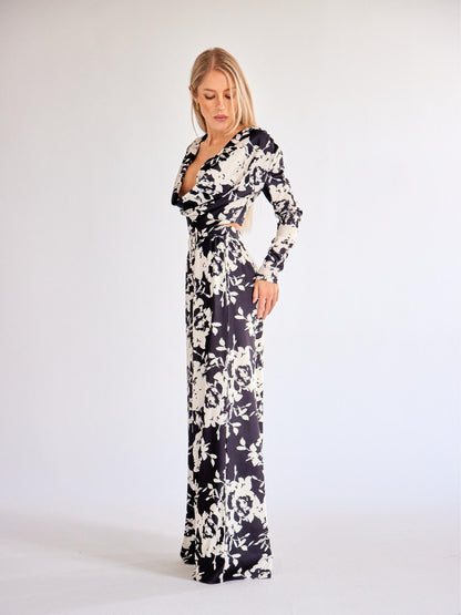 ELSSIME Spring 2024 new Long-Sleeved deep V color Printed two piece set