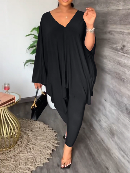 Casual Loose V-Neck Bat Sleeve Two-Piece Set HKK755SLSH