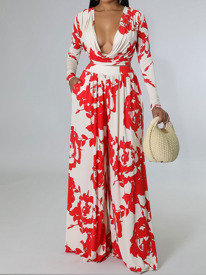 ELSSIME Spring 2024 new Long-Sleeved deep V color Printed two piece set