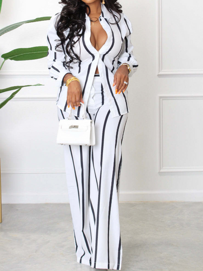 ELSSIME 2024 NEW Striped Printed Long-Sleeved Shirt And Trousers Two-Piece Set