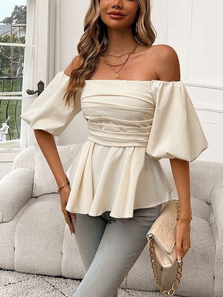 Solid Color Off-Shoulder Ruffle Hem Puff Sleeve Short Top H59TB44TMX