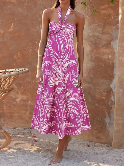 Halter Neck Printed Dress Bohemian Style Flowy Hem Dress HEDZRES27N