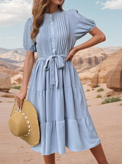ELSSIME 2024 NEW SUMMER Standing Collar Pleated Mid Length Lace Up Dress HED986C2W7