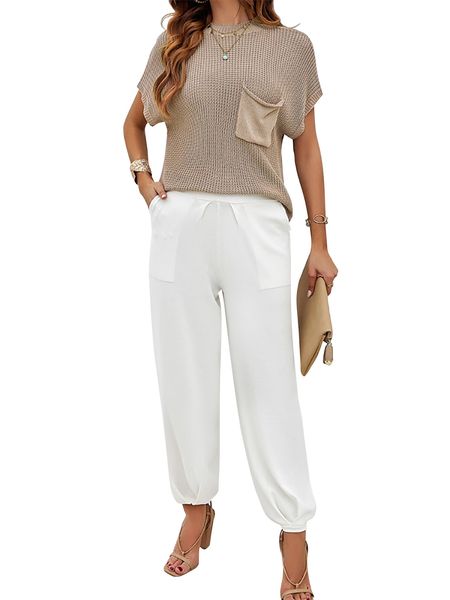 2-PC Set Women's Spring Summer Solid Color Knitted  Short Sleeve Top and Long Pants HELXNR685S