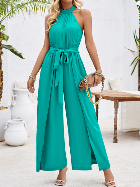 Women's Halter Neck Belted Jumpsuit Split Wide Leg HEQ3XHW63M