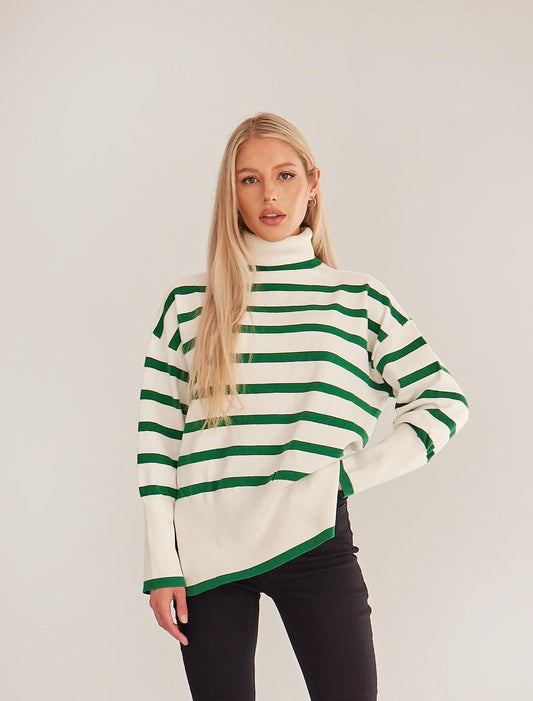ELSSIME Women's Striped Turtleneck Side-slit Sweater