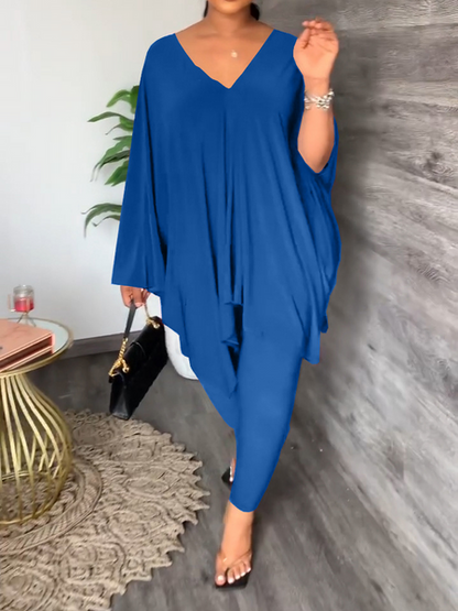 Casual Loose V-Neck Bat Sleeve Two-Piece Set HKK755SLSH