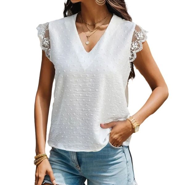 Women's V-neck Lace Backless T-Shirt Eyelet Sleeveless Top HED986WDZZ