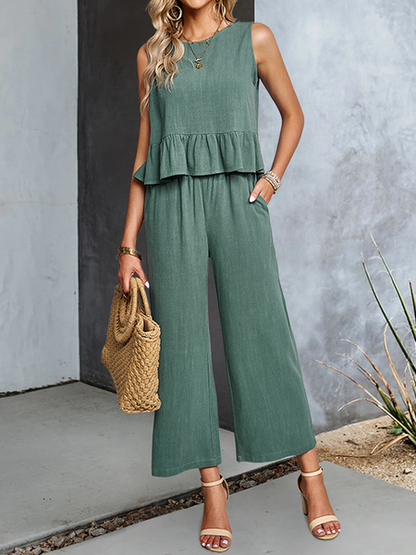 Linen crewneck& wide legged trousers two-piece suit  HWFQS2N3WY