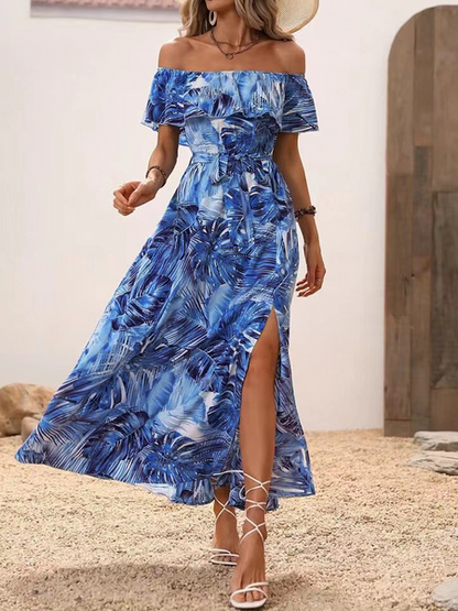 Off-shoulder lotus leaf edge printed dress HWF82UCWMN