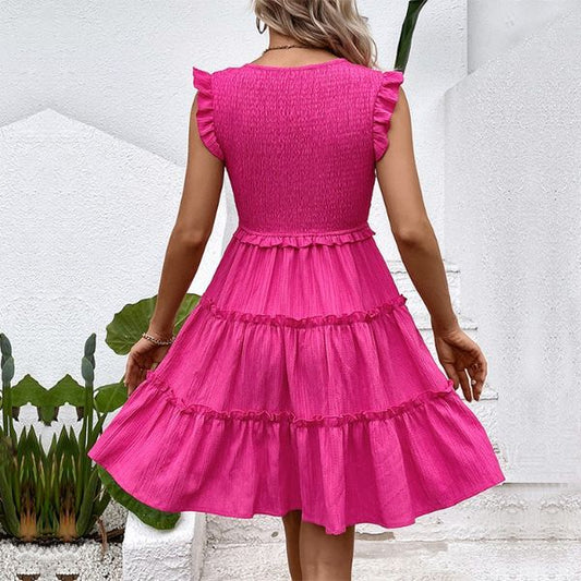 Women's V Neck Flutter Sleeve Tiered Smocked Dress HEQZLU8WQB