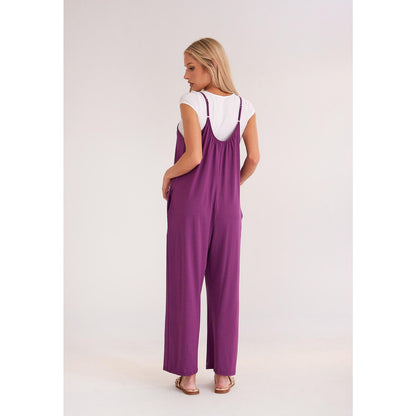 ELSSIME Women‘s Solid Color Slip Pocket Loose Suspender Jumpsuit