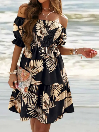 Printed Off the Shoulder Ruffle Pleated Dress HWUDKUPMLN