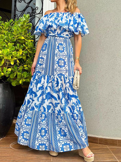 One-Line Collar High-Rise Bohemian Print Dress HFLBP6THDD