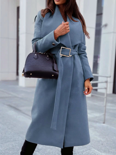 Simple Long Sleeve Buttons V-Neck Belted Coat HFHW958EB3