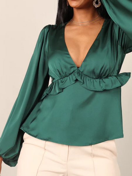 Women's V-neck Lantern Sleeve Peplum Top H8SMEWWVCH