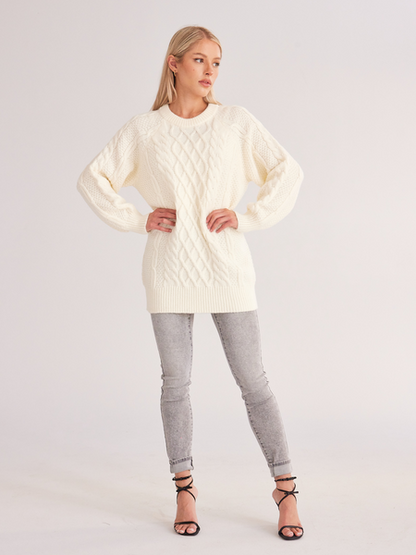 ELSSIME Oversized Crewneck Cable Knit Sweater Dress