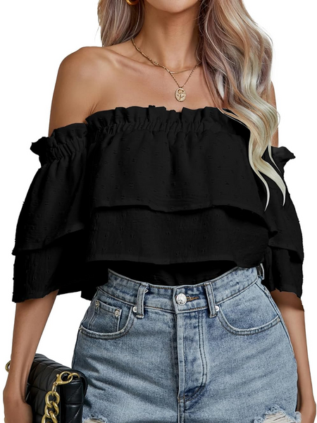 ELSSIME 2024 NEW Women's Casual Off Shoulder Layered Ruffle Trim Top