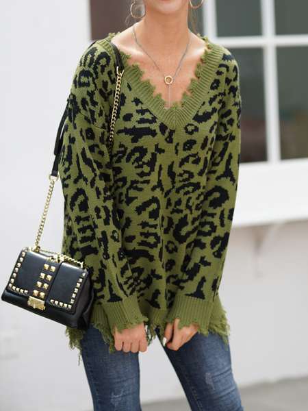 Leopard Print V-Neck Pullover Sweater HFLET786KP